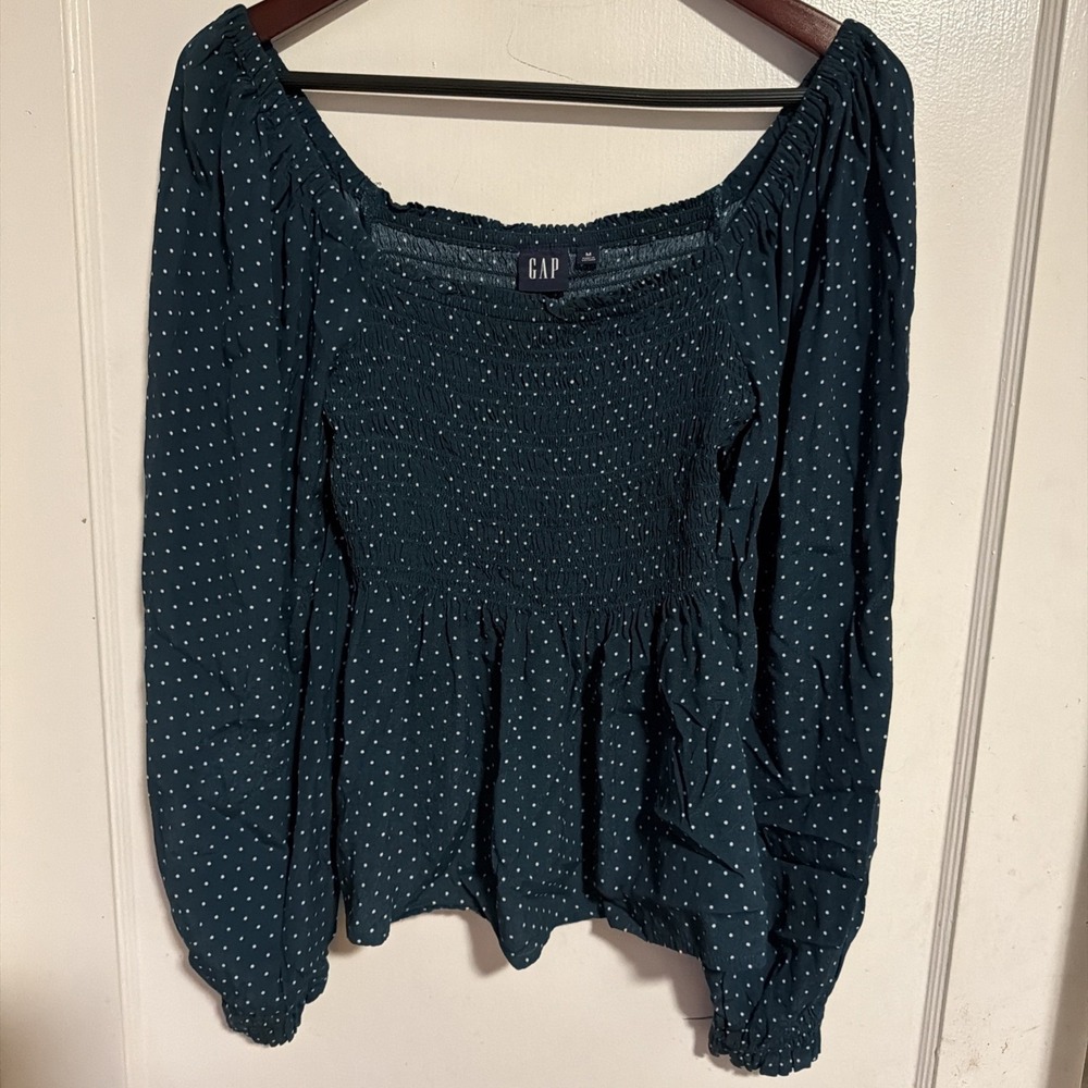 Gap Floral Top Bluse Womens medium Long Sleeve Square Neck Top Green Polka Dots